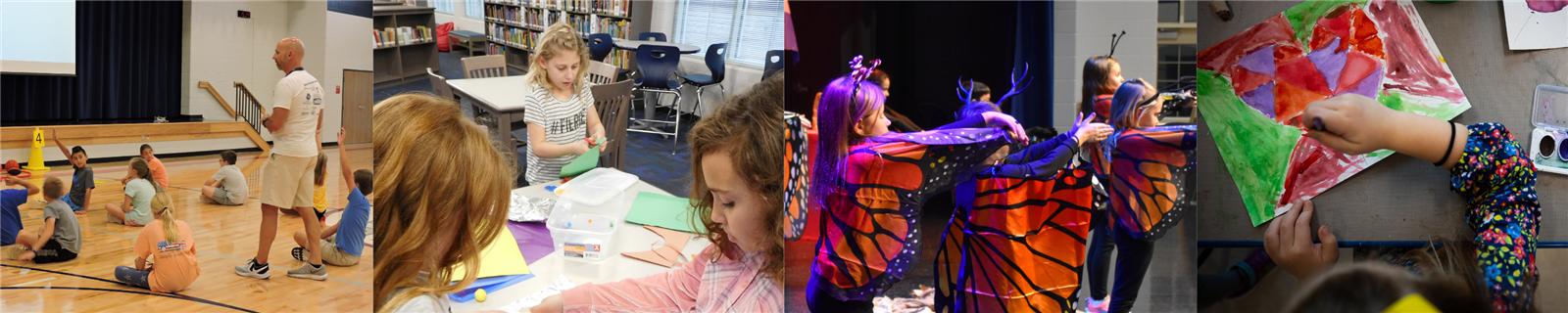 P E teacher teaching kids in gym, girls working on project, girls performing in music program, girl painting